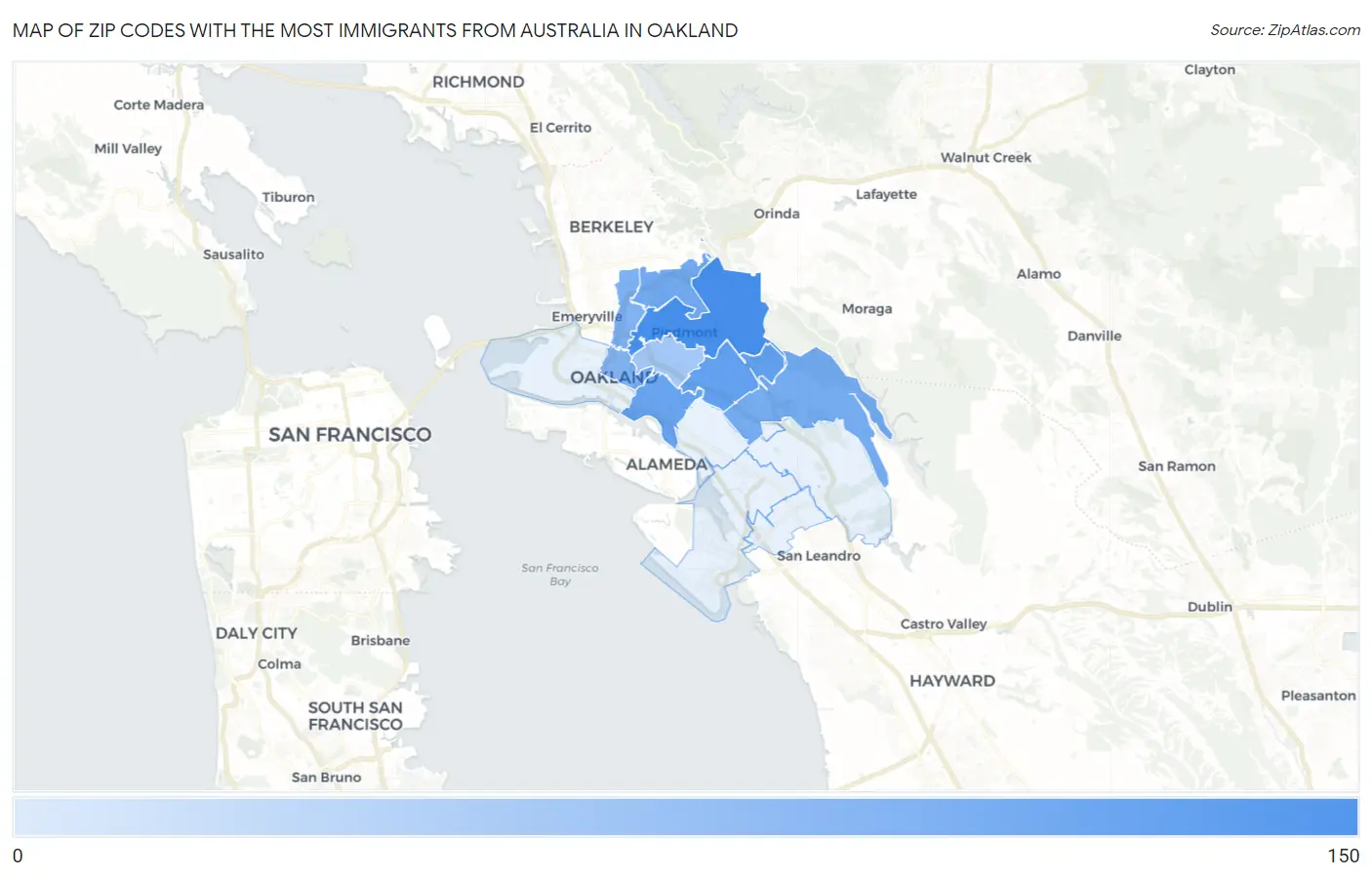 Zip Codes with the Most Immigrants from Australia in Oakland Map