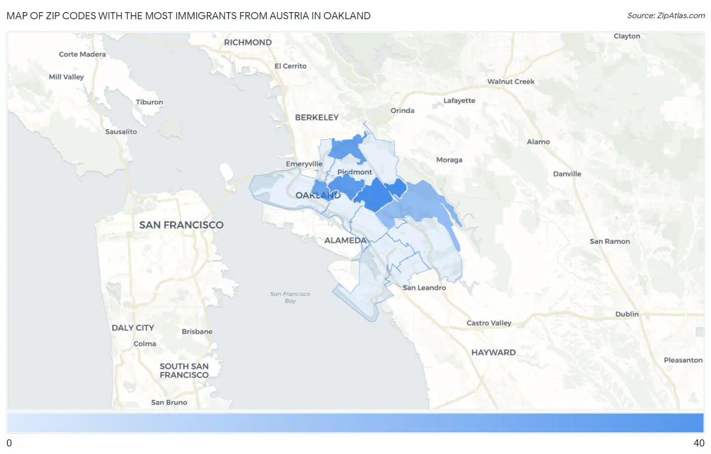 Zip Codes with the Most Immigrants from Austria in Oakland Map