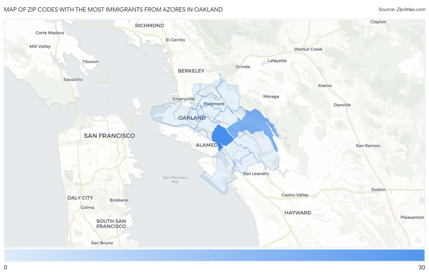 Zip Codes with the Most Immigrants from Azores in Oakland Map