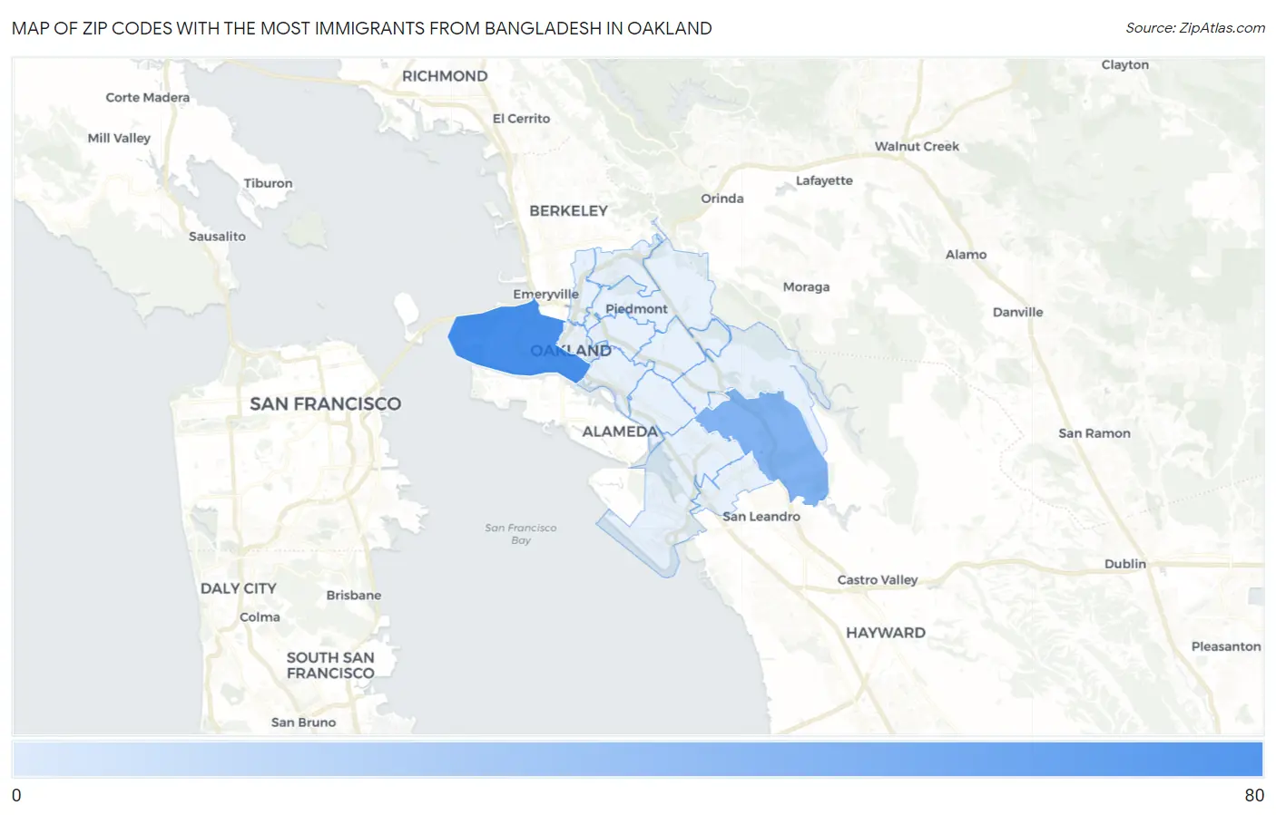 Zip Codes with the Most Immigrants from Bangladesh in Oakland Map