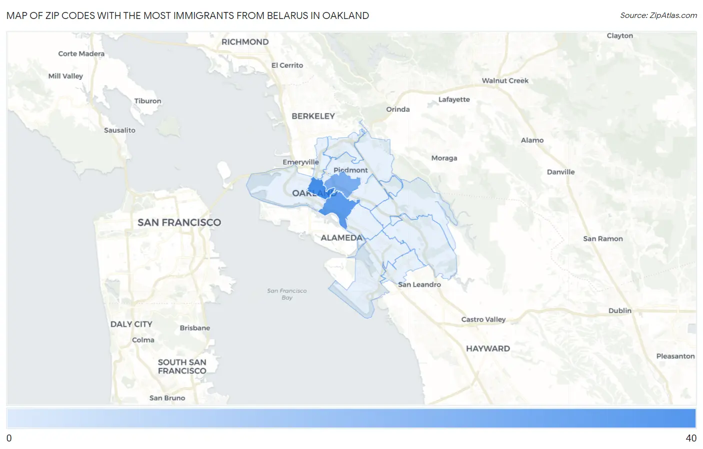 Zip Codes with the Most Immigrants from Belarus in Oakland Map