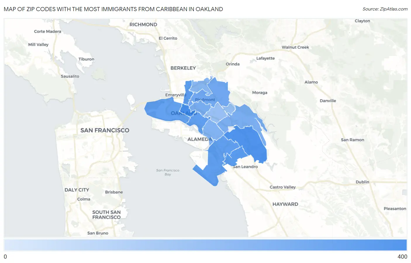Zip Codes with the Most Immigrants from Caribbean in Oakland Map