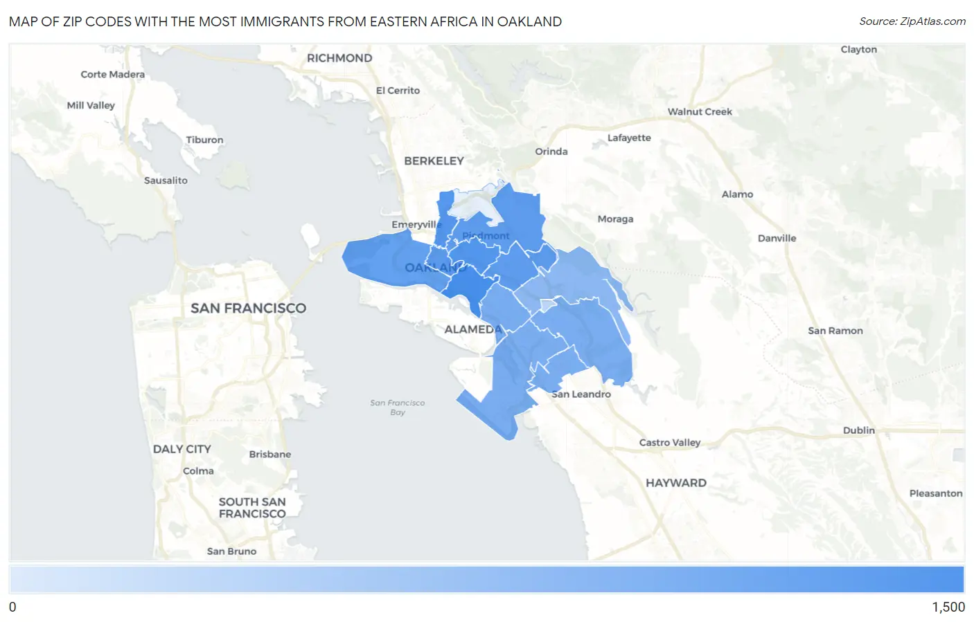 Zip Codes with the Most Immigrants from Eastern Africa in Oakland Map