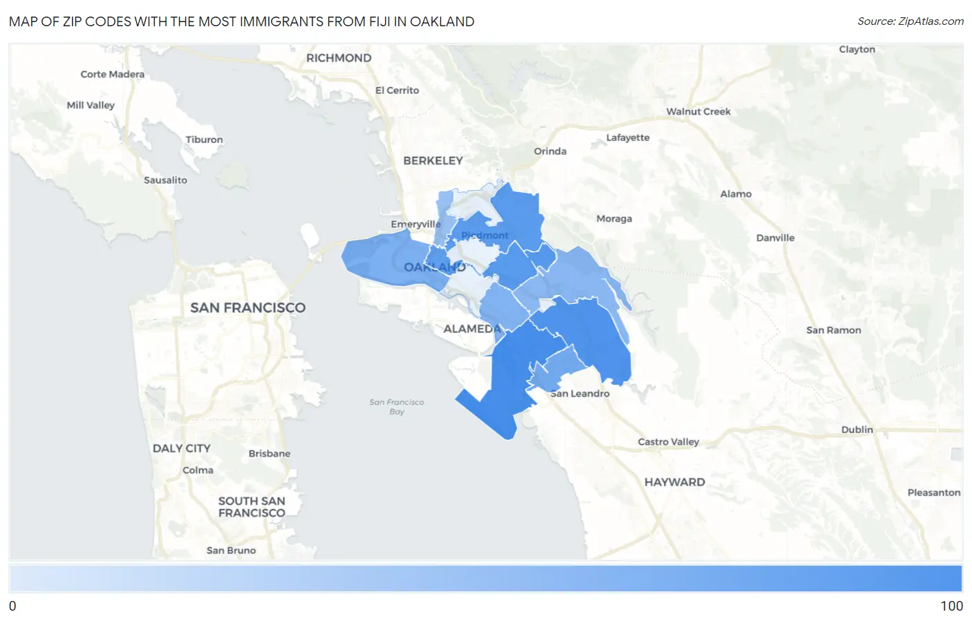 Zip Codes with the Most Immigrants from Fiji in Oakland Map