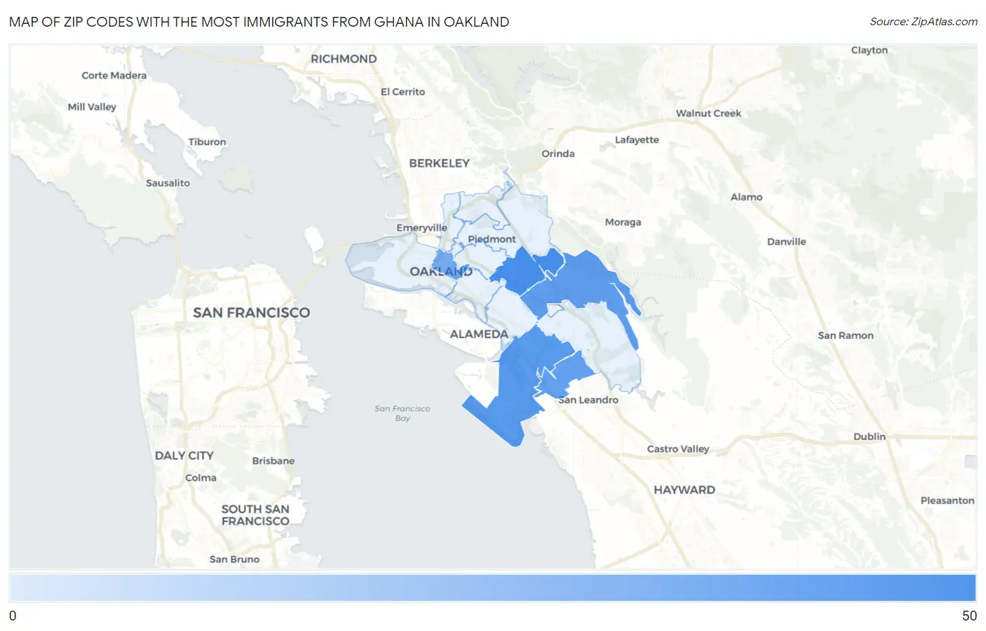 Zip Codes with the Most Immigrants from Ghana in Oakland Map