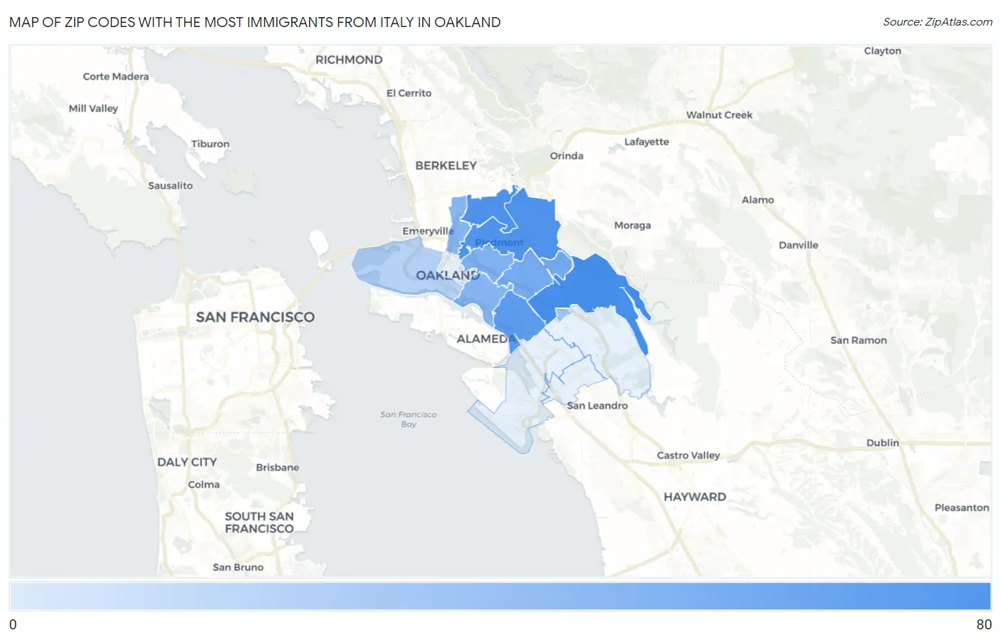 Zip Codes with the Most Immigrants from Italy in Oakland Map