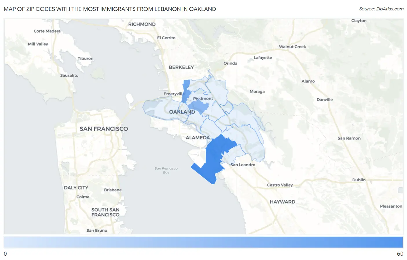 Zip Codes with the Most Immigrants from Lebanon in Oakland Map