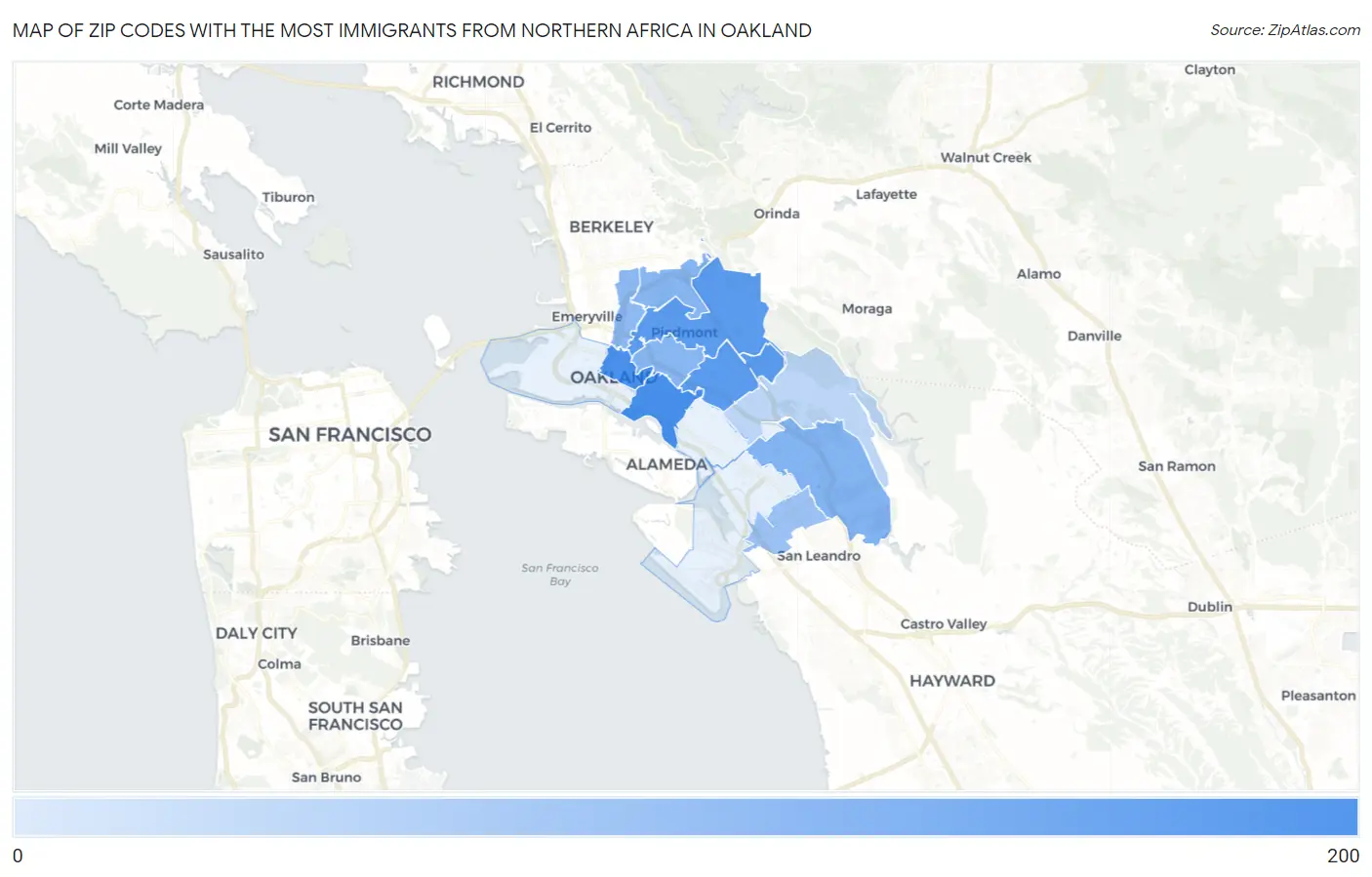 Zip Codes with the Most Immigrants from Northern Africa in Oakland Map