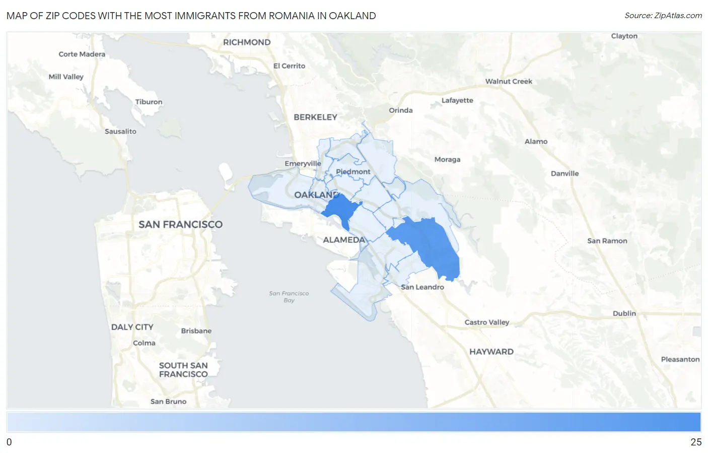 Zip Codes with the Most Immigrants from Romania in Oakland Map