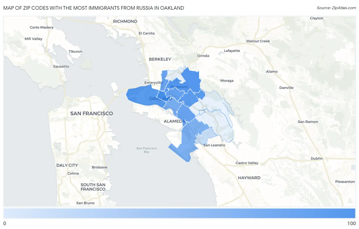 Zip Codes with the Most Immigrants from Russia in Oakland Map