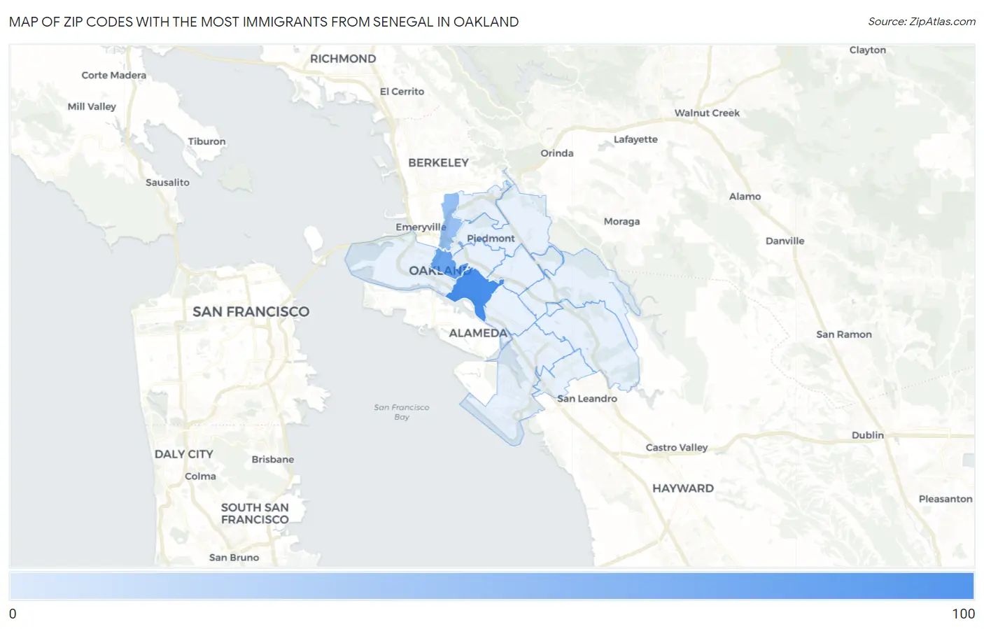 Zip Codes with the Most Immigrants from Senegal in Oakland Map