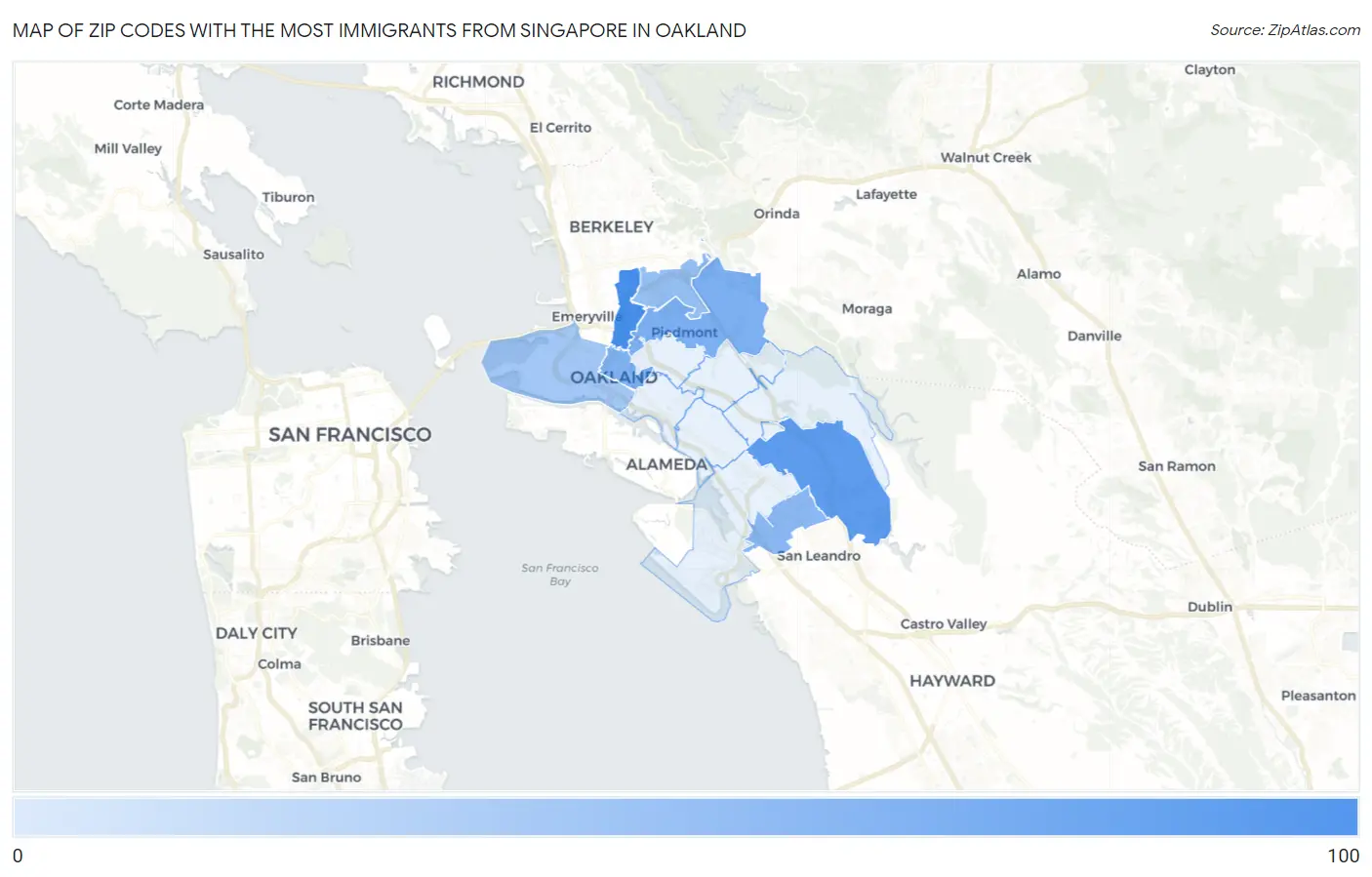 Zip Codes with the Most Immigrants from Singapore in Oakland Map
