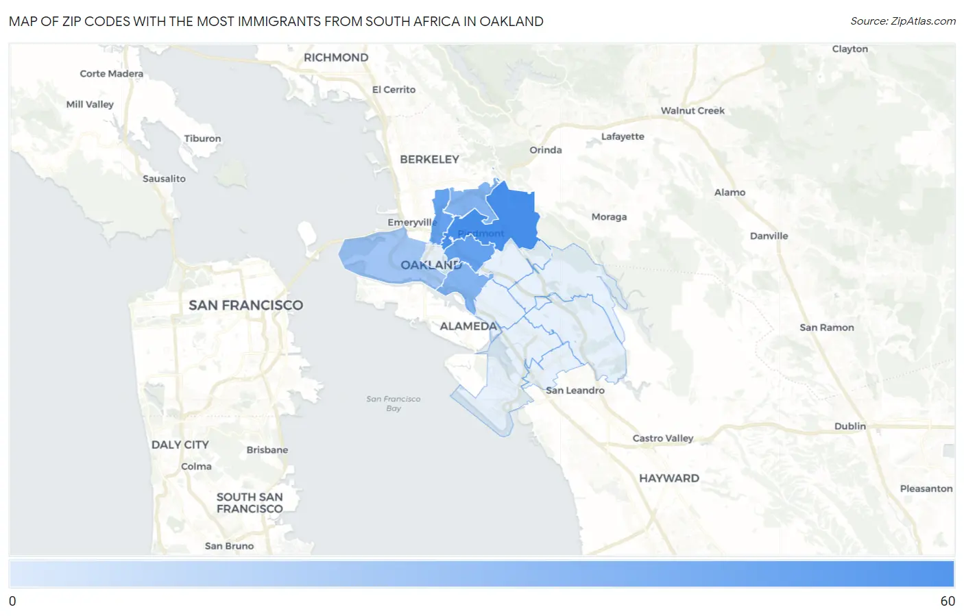 Zip Codes with the Most Immigrants from South Africa in Oakland Map