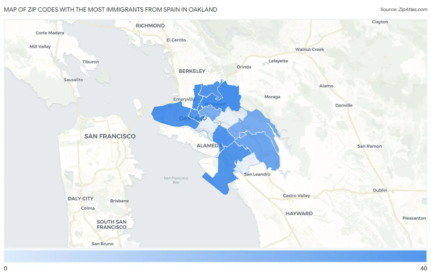 Zip Codes with the Most Immigrants from Spain in Oakland Map