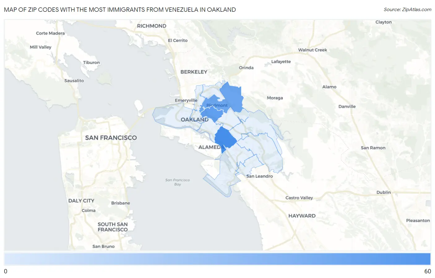 Zip Codes with the Most Immigrants from Venezuela in Oakland Map