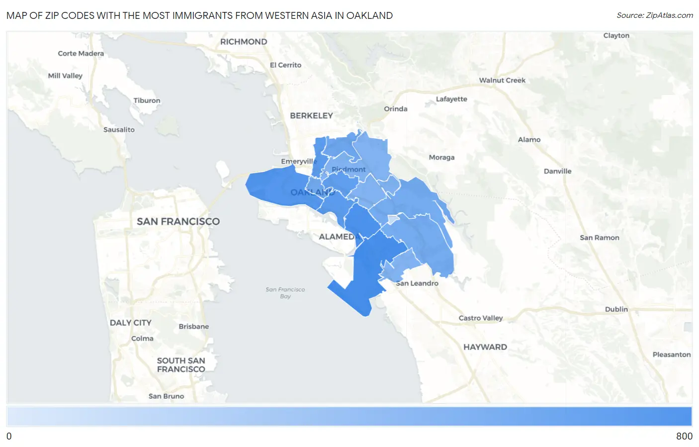 Zip Codes with the Most Immigrants from Western Asia in Oakland Map