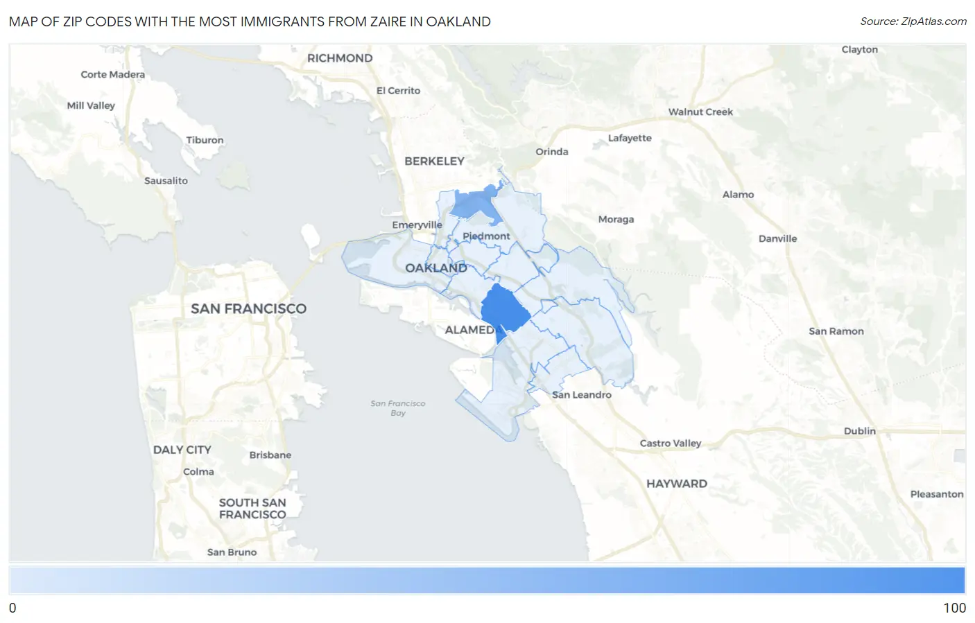 Zip Codes with the Most Immigrants from Zaire in Oakland Map