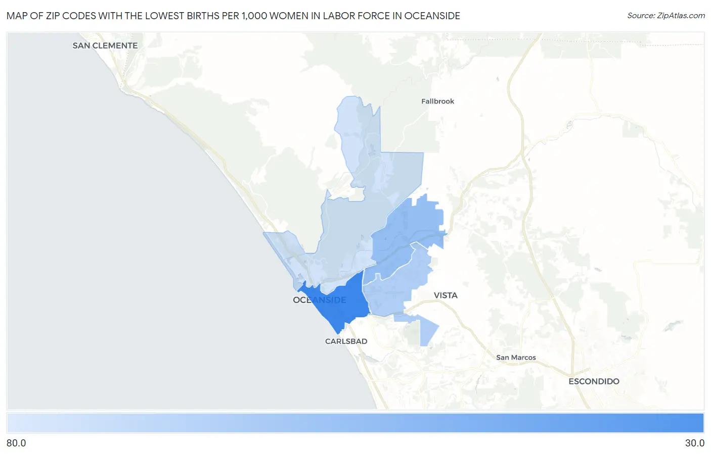 Zip Codes with the Lowest Births per 1,000 Women in Labor Force in Oceanside Map