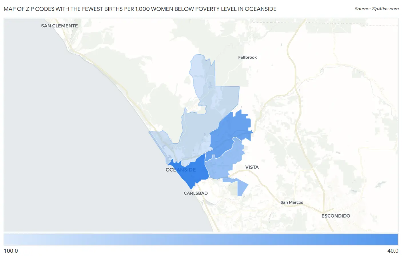 Zip Codes with the Fewest Births per 1,000 Women Below Poverty Level in Oceanside Map