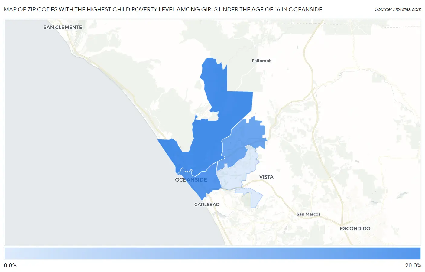 Zip Codes with the Highest Child Poverty Level Among Girls Under the Age of 16 in Oceanside Map