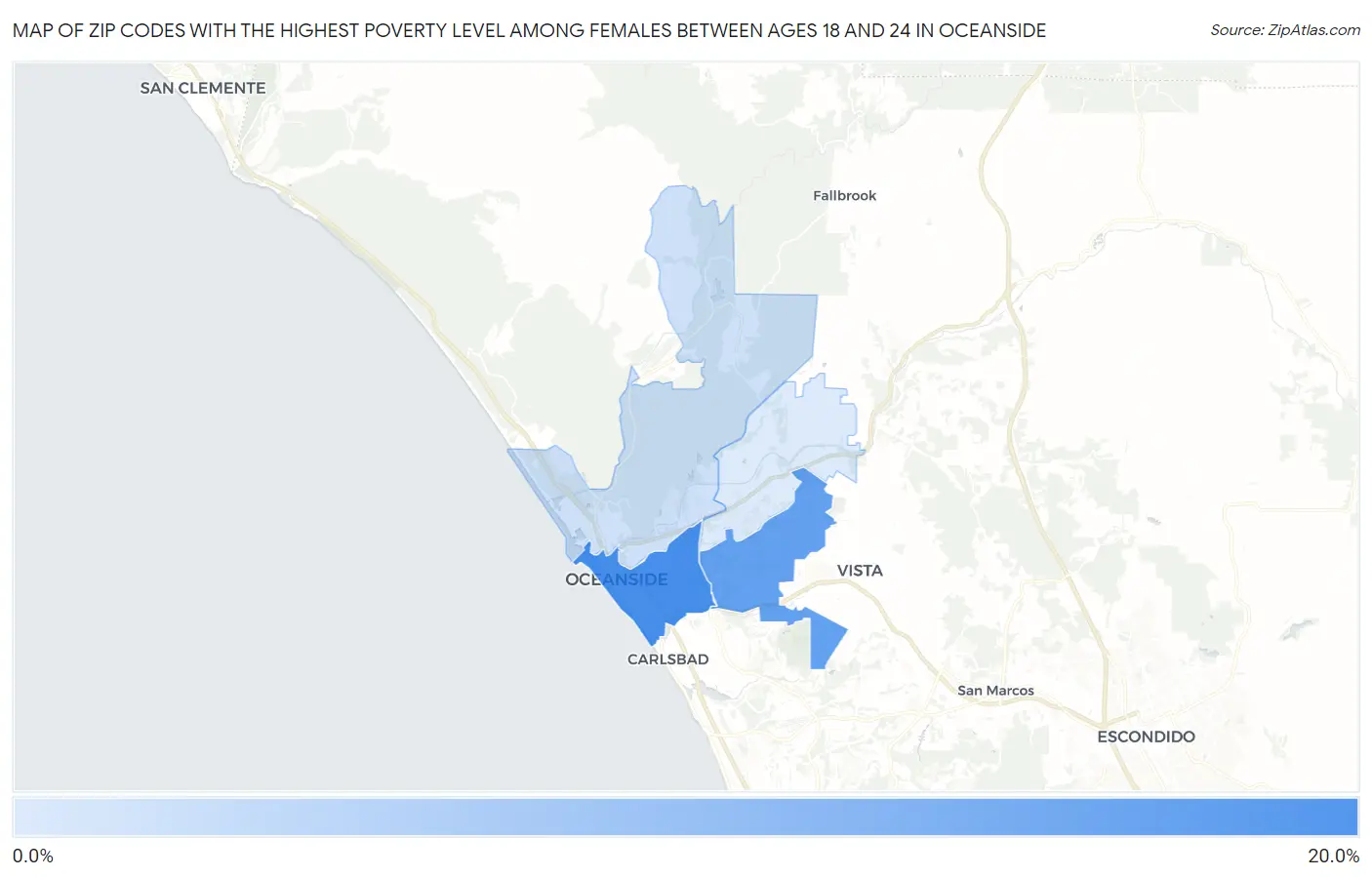 Zip Codes with the Highest Poverty Level Among Females Between Ages 18 and 24 in Oceanside Map