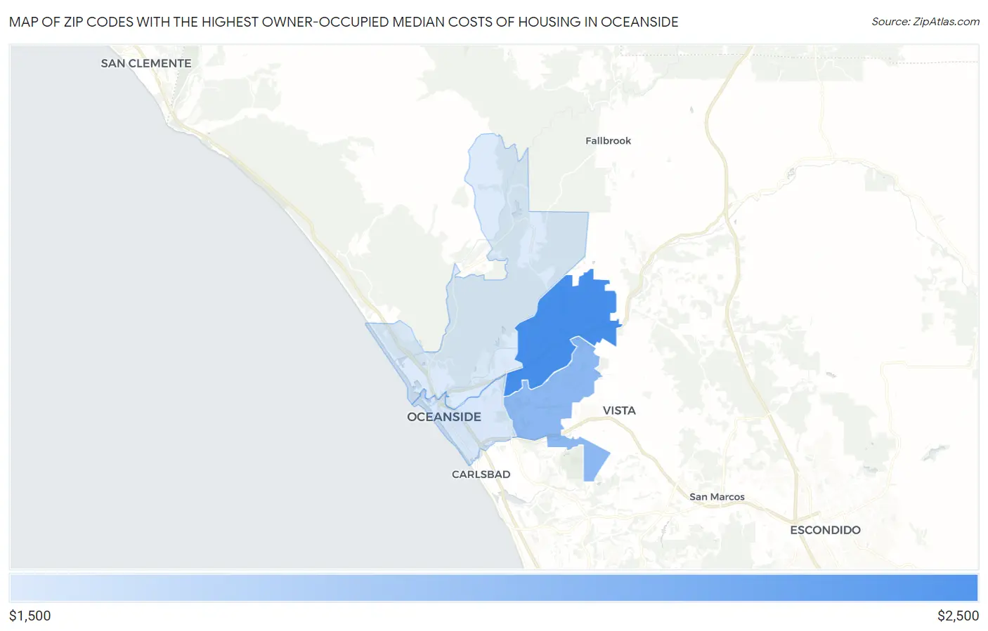 Zip Codes with the Highest Owner-Occupied Median Costs of Housing in Oceanside Map