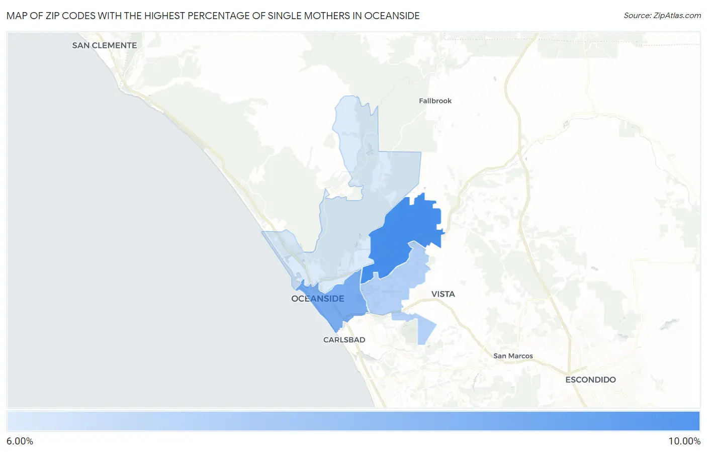 Zip Codes with the Highest Percentage of Single Mothers in Oceanside Map