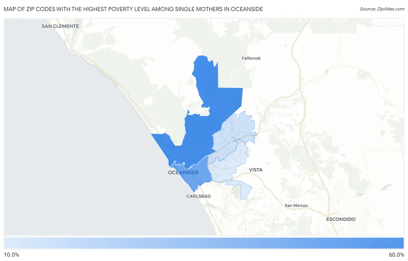Zip Codes with the Highest Poverty Level Among Single Mothers in Oceanside Map