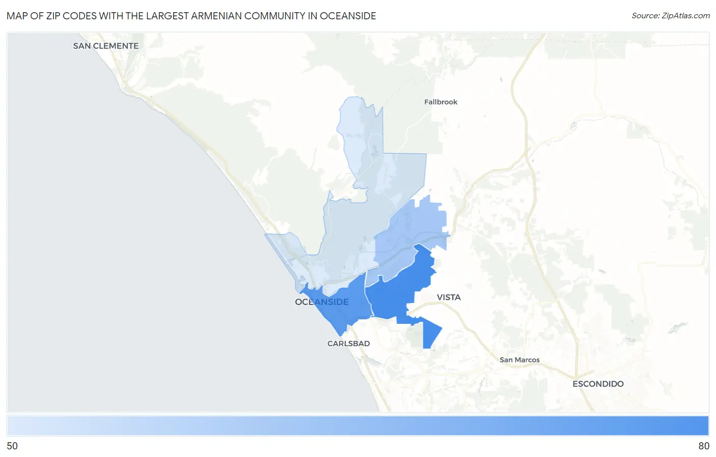 Zip Codes with the Largest Armenian Community in Oceanside Map