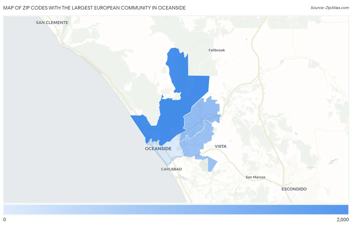Zip Codes with the Largest European Community in Oceanside Map