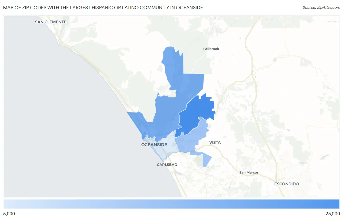 Zip Codes with the Largest Hispanic or Latino Community in Oceanside Map