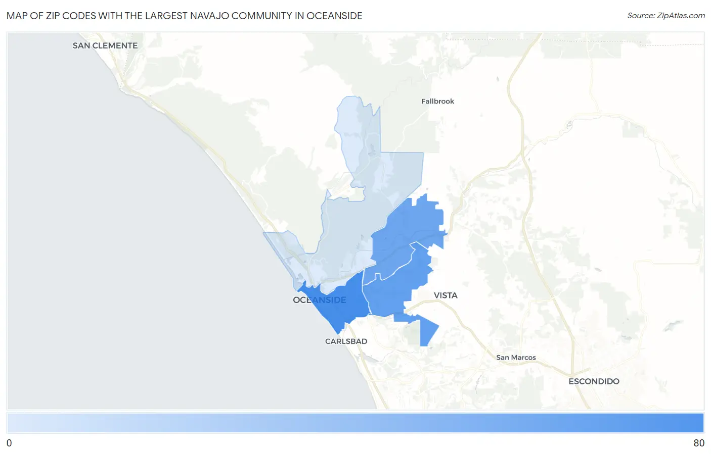 Zip Codes with the Largest Navajo Community in Oceanside Map