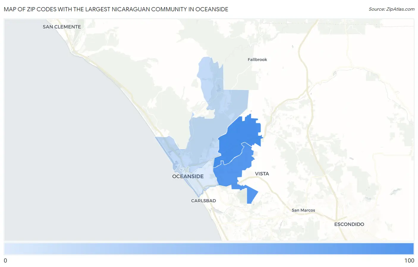 Zip Codes with the Largest Nicaraguan Community in Oceanside Map