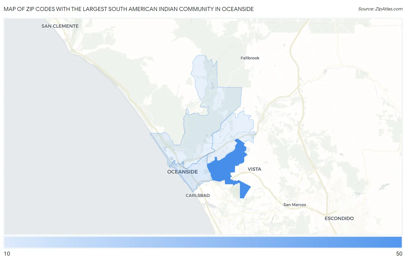 Zip Codes with the Largest South American Indian Community in Oceanside Map