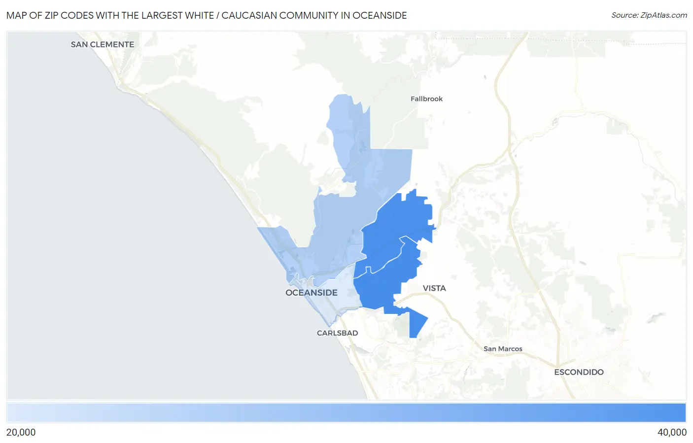 Zip Codes with the Largest White / Caucasian Community in Oceanside Map