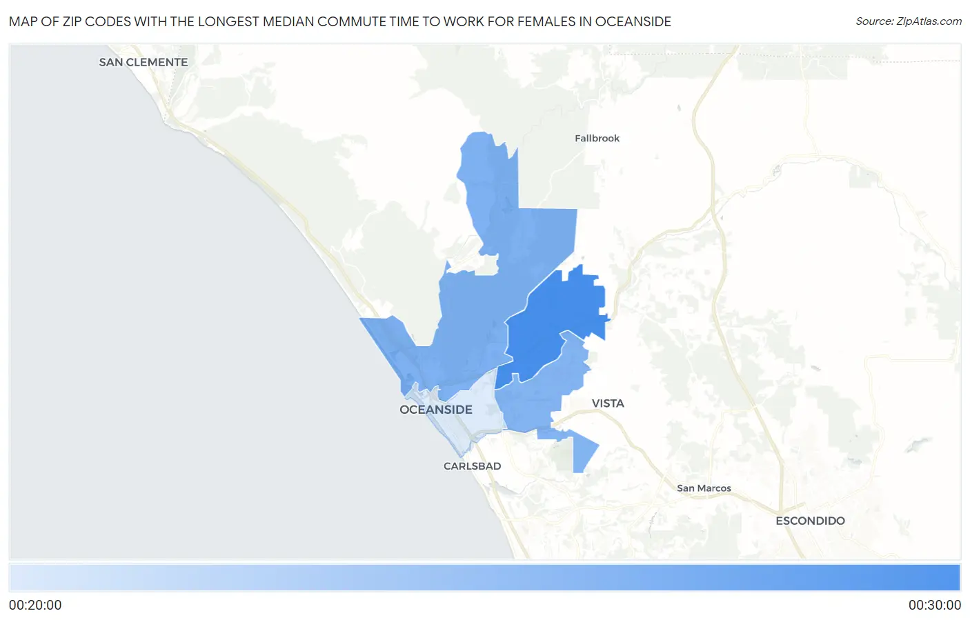 Zip Codes with the Longest Median Commute Time to Work for Females in Oceanside Map