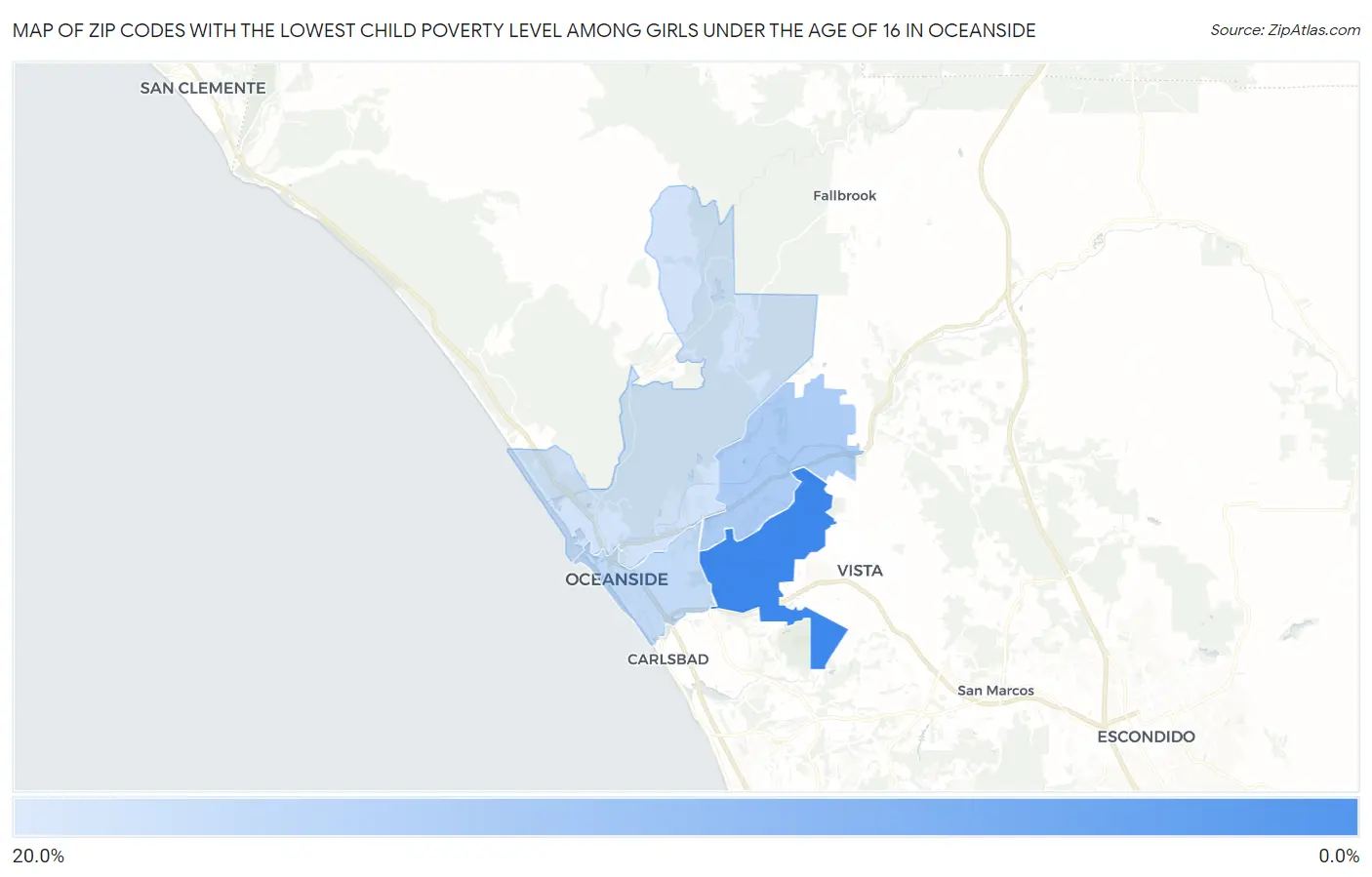 Zip Codes with the Lowest Child Poverty Level Among Girls Under the Age of 16 in Oceanside Map