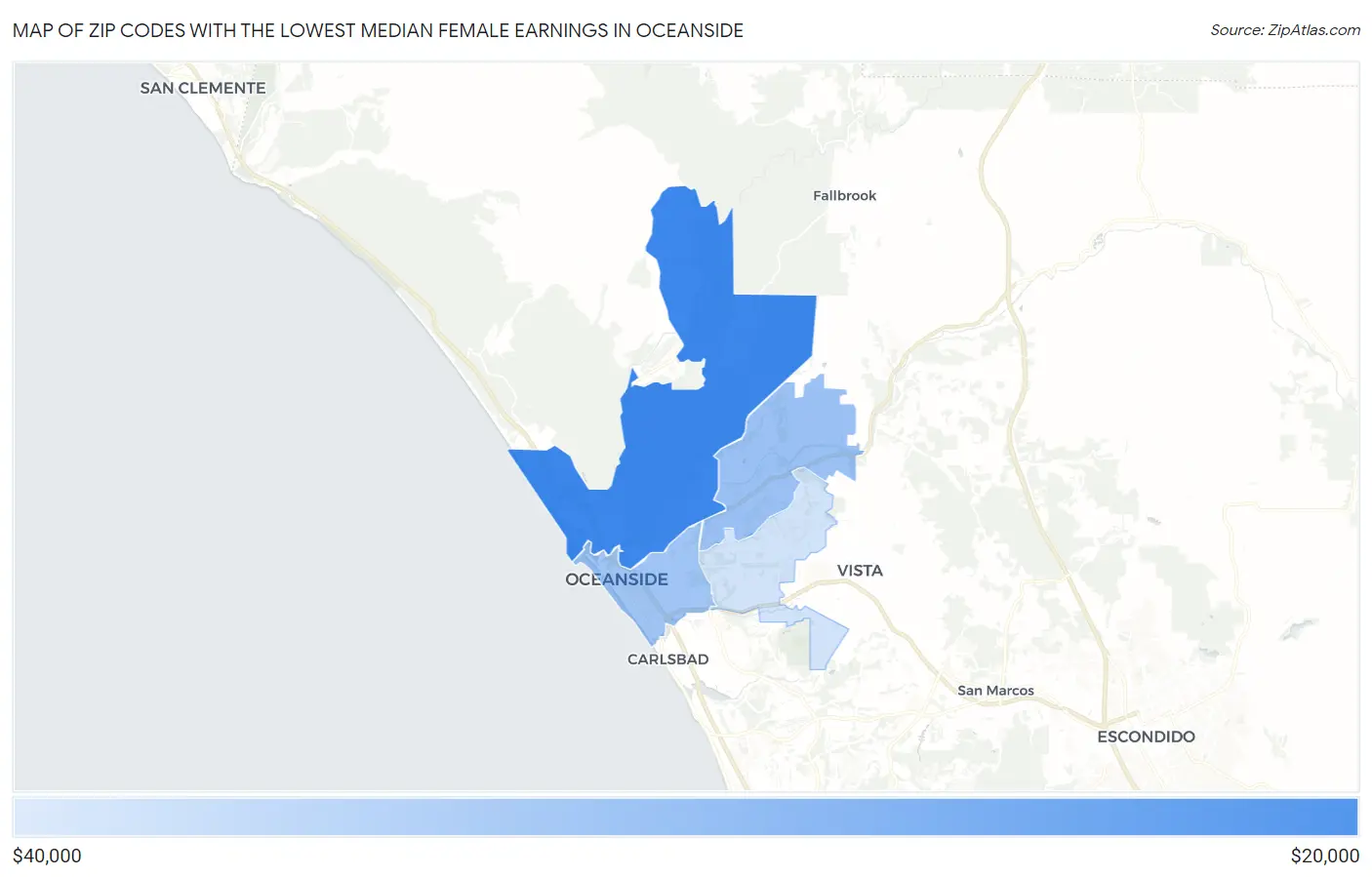 Zip Codes with the Lowest Median Female Earnings in Oceanside Map