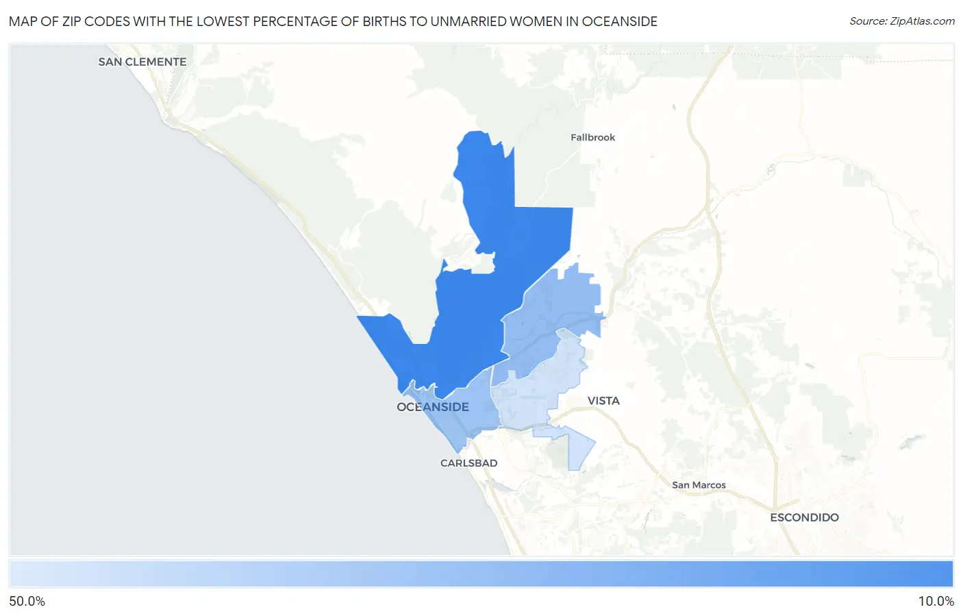 Zip Codes with the Lowest Percentage of Births to Unmarried Women in Oceanside Map