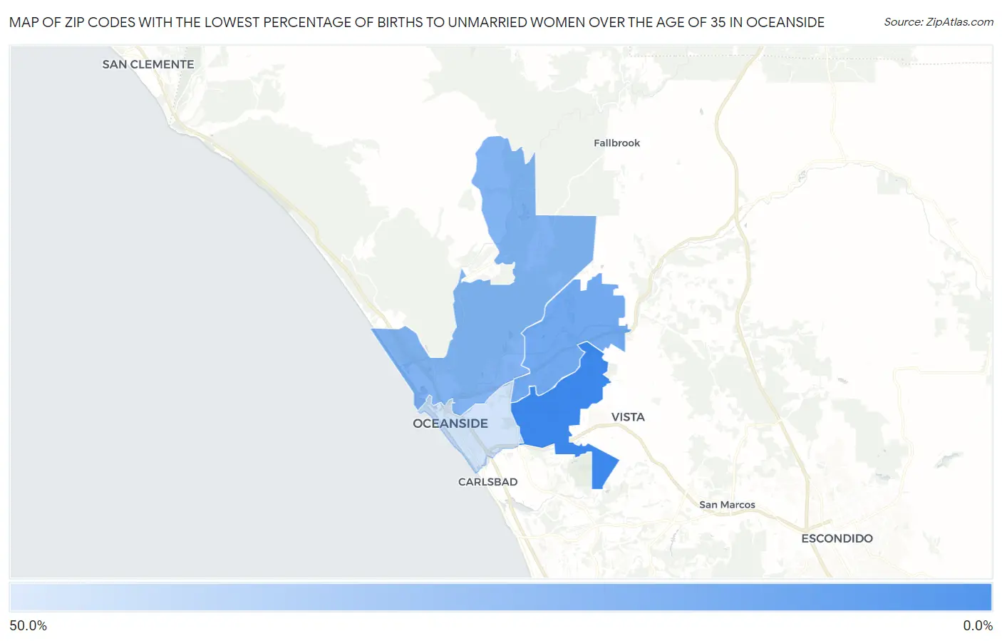 Zip Codes with the Lowest Percentage of Births to Unmarried Women over the Age of 35 in Oceanside Map