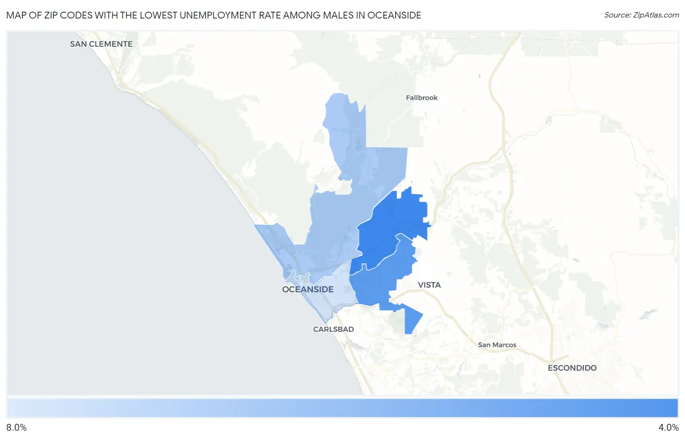 Zip Codes with the Lowest Unemployment Rate Among Males in Oceanside Map