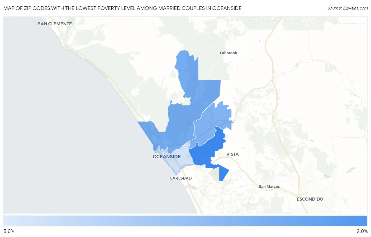Zip Codes with the Lowest Poverty Level Among Married Couples in Oceanside Map