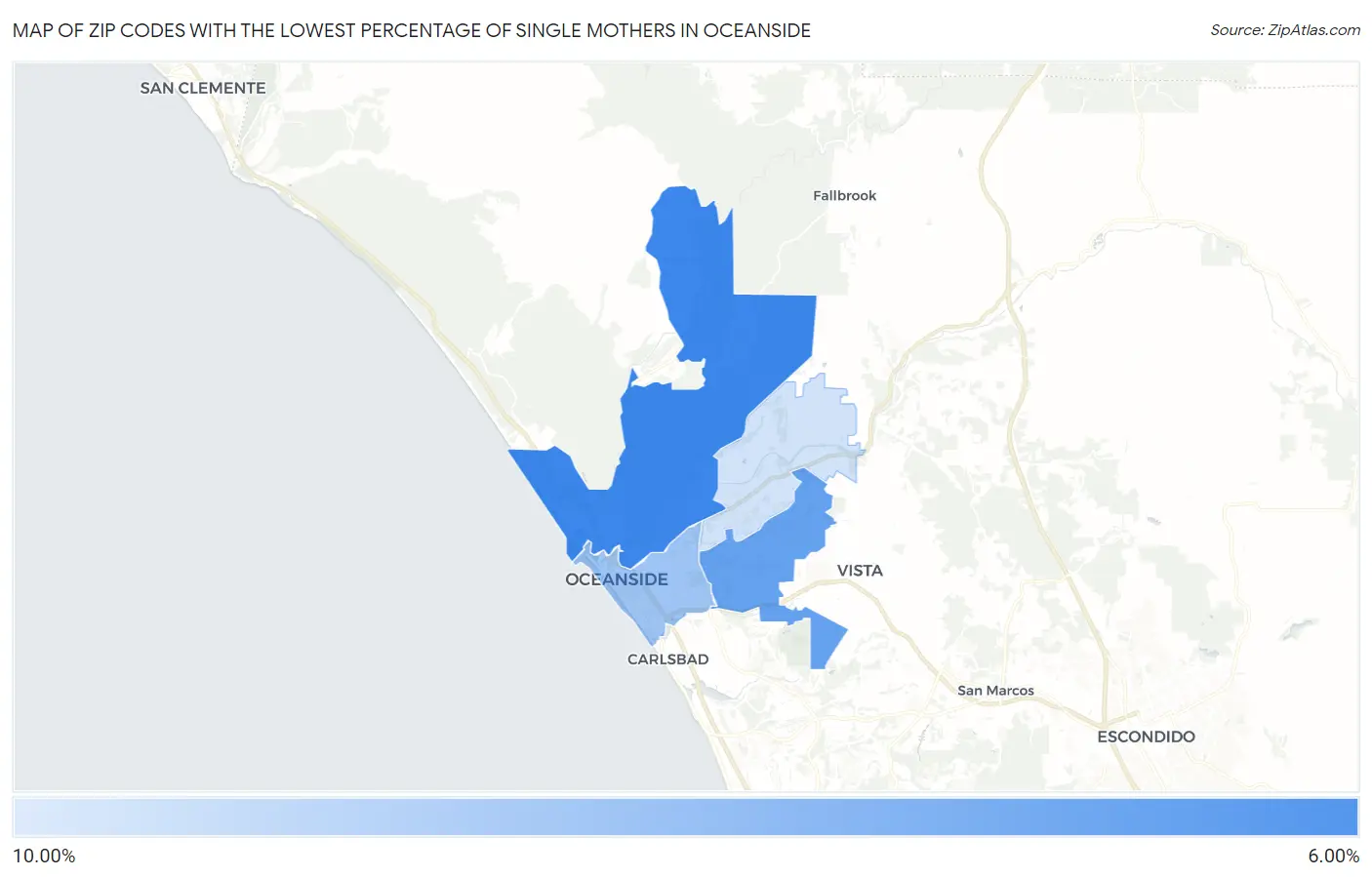 Zip Codes with the Lowest Percentage of Single Mothers in Oceanside Map