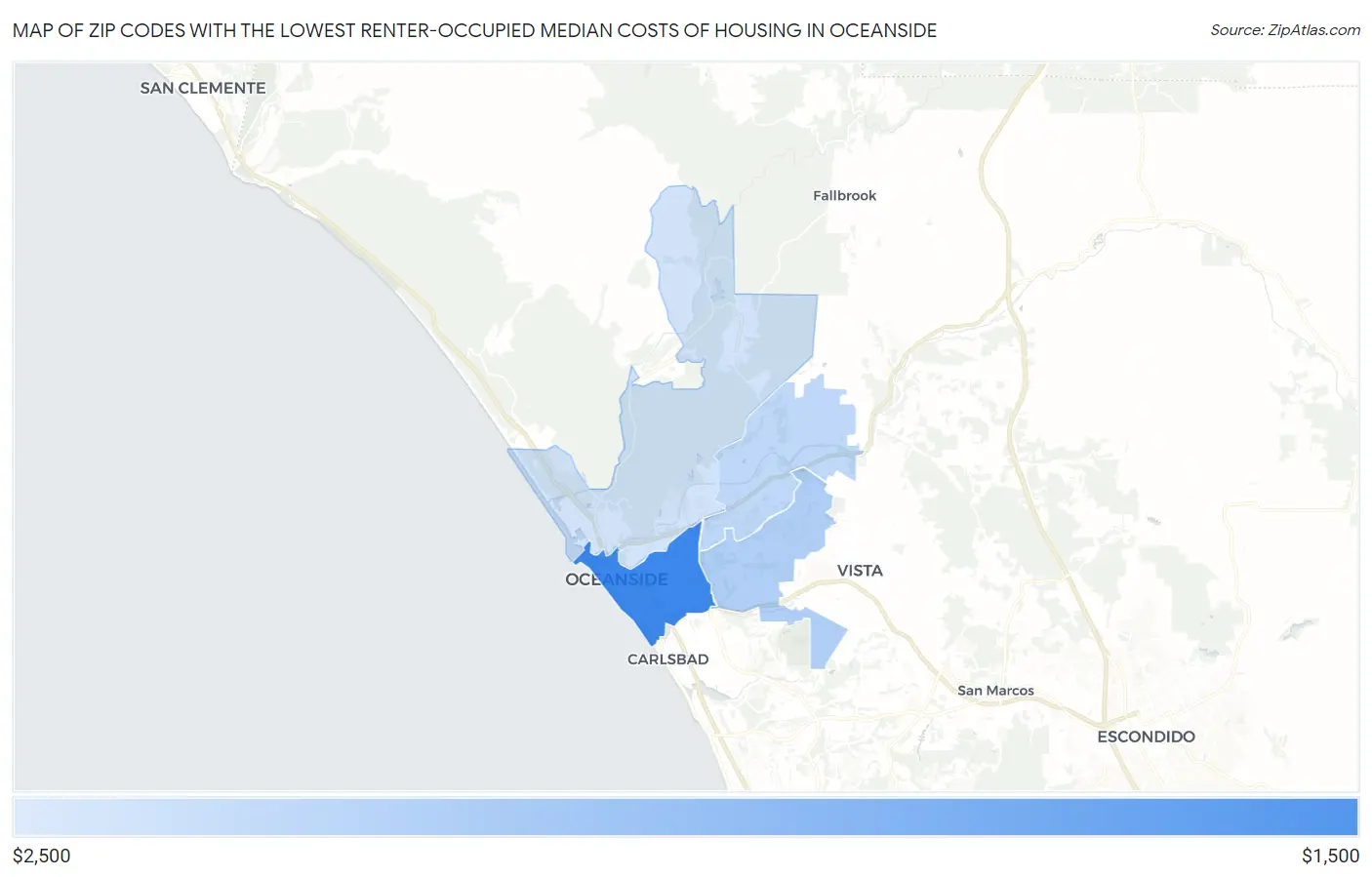 Zip Codes with the Lowest Renter-Occupied Median Costs of Housing in Oceanside Map