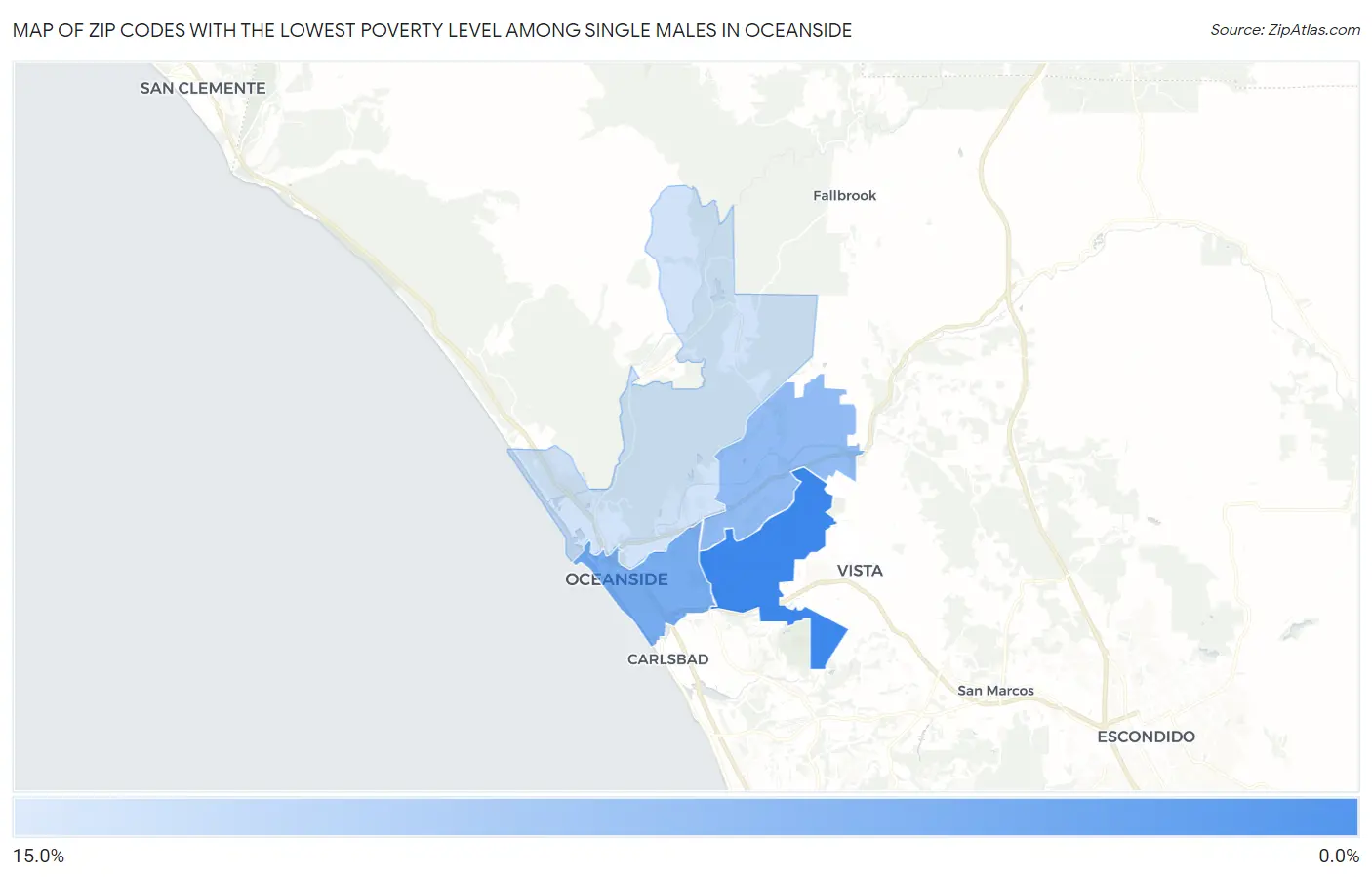 Zip Codes with the Lowest Poverty Level Among Single Males in Oceanside Map