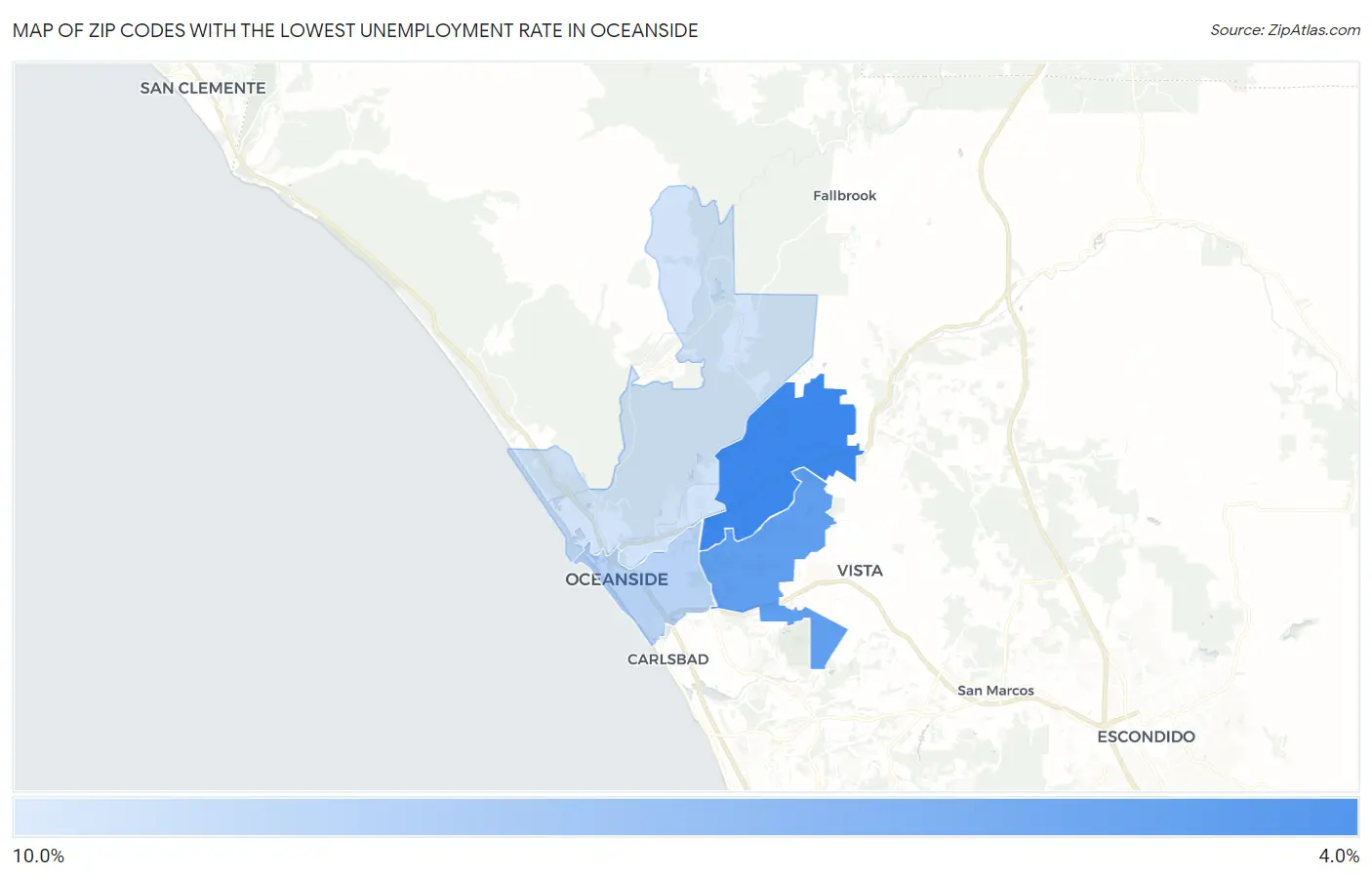 Zip Codes with the Lowest Unemployment Rate in Oceanside Map