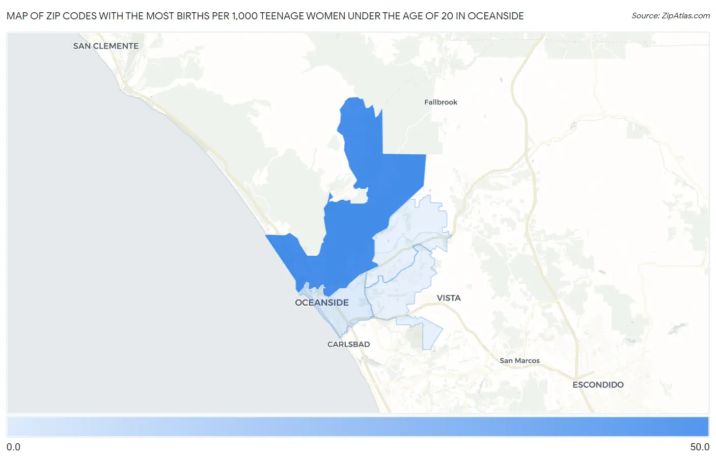 Zip Codes with the Most Births per 1,000 Teenage Women Under the Age of 20 in Oceanside Map