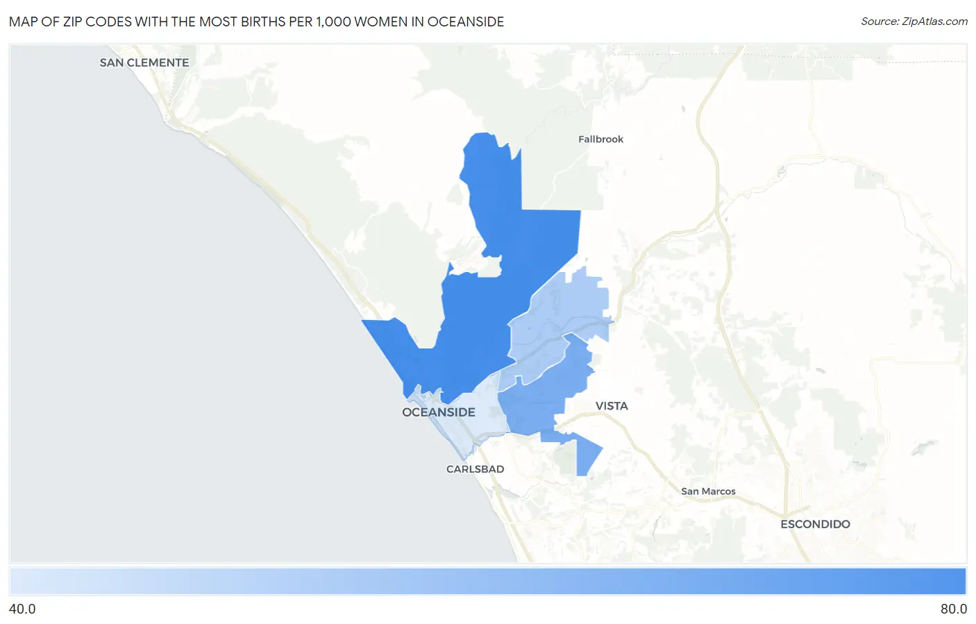 Zip Codes with the Most Births per 1,000 Women in Oceanside Map