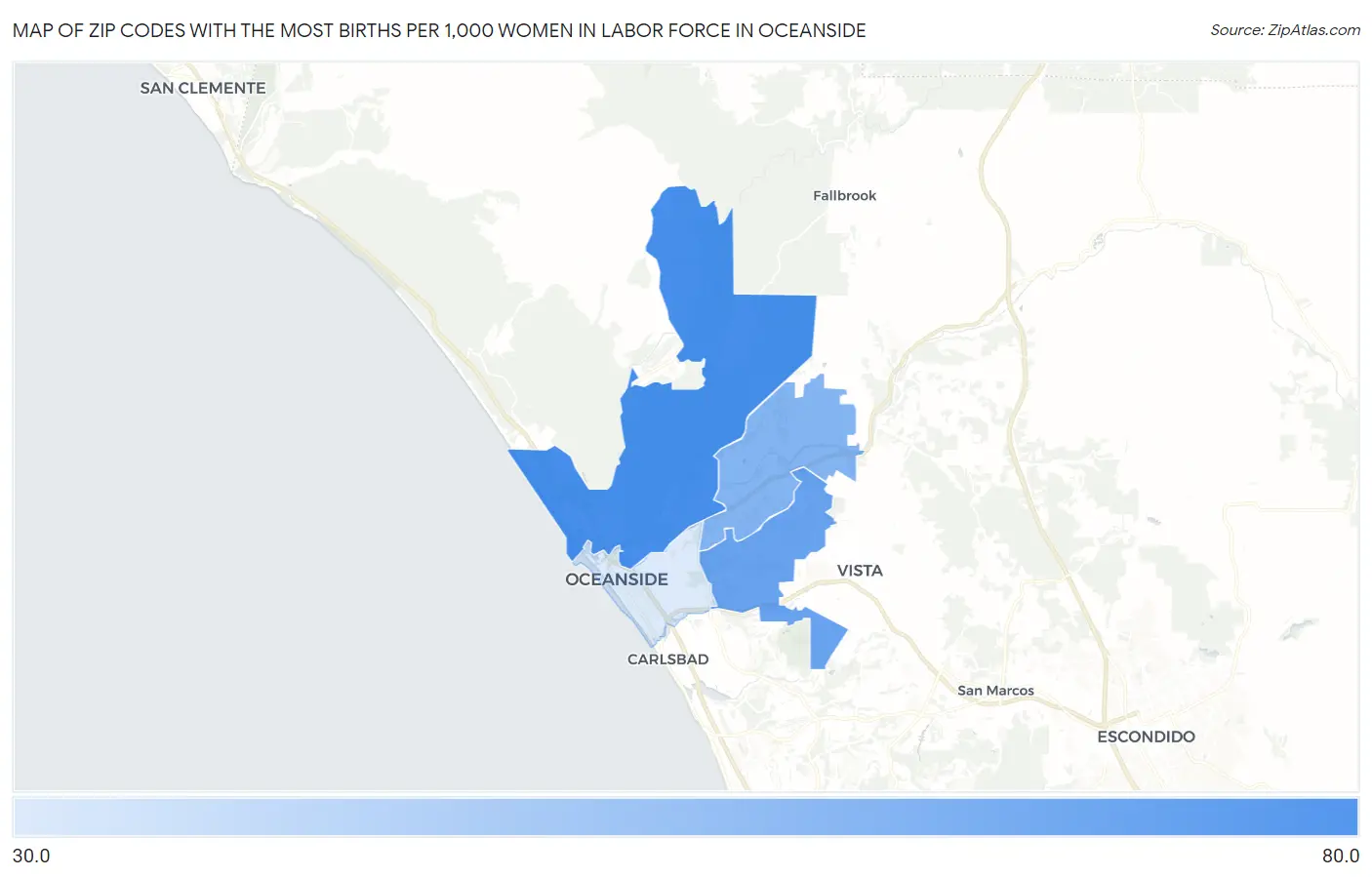 Zip Codes with the Most Births per 1,000 Women in Labor Force in Oceanside Map