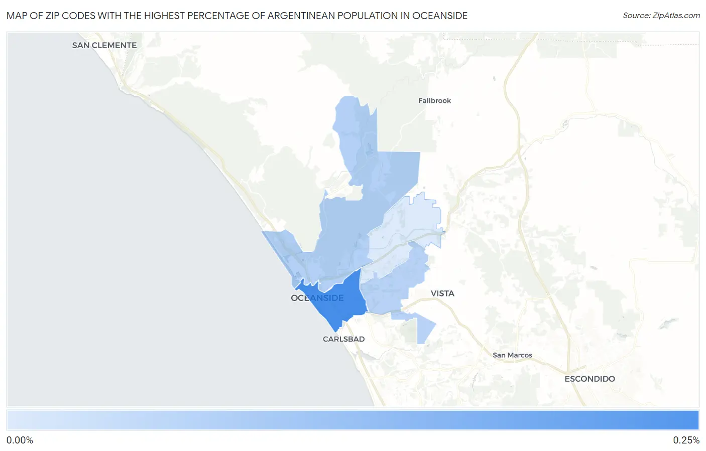 Zip Codes with the Highest Percentage of Argentinean Population in Oceanside Map